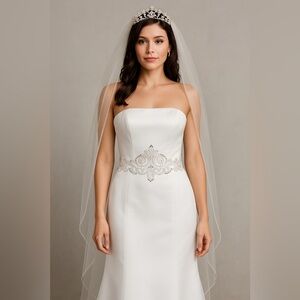 David’s bridal 👰 Elegant White Strapless Wedding Gown with Veil & Tiara Set